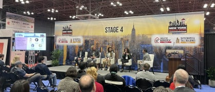 From left to right: Good Carbon CEO and founder Adam Serbert, Sustainable Comfort Inc. Managing Director Jeff Love, Association for Energy Affordability Program Manager Martha Gutierrez, RiseBoro Community Partnership Chief Housing Officer Emily Kurtz, and NYSERDA Program Manager Brian Cabezas.